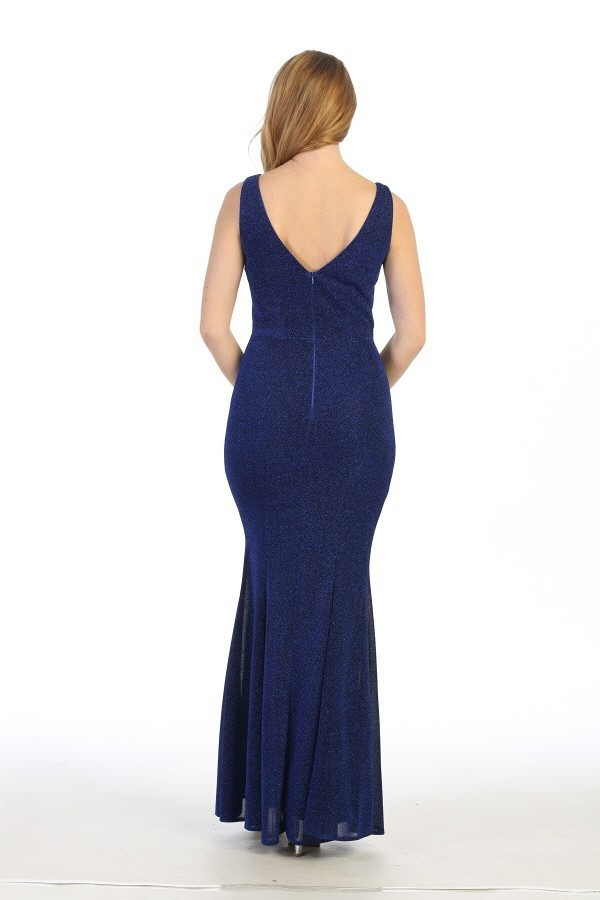 Celavie 6483 Short Sleeveless Metallic V-neck Long Dress