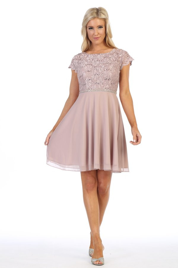 Celavie 6394-S Round Neck Short Sleeves Short Lace Dress