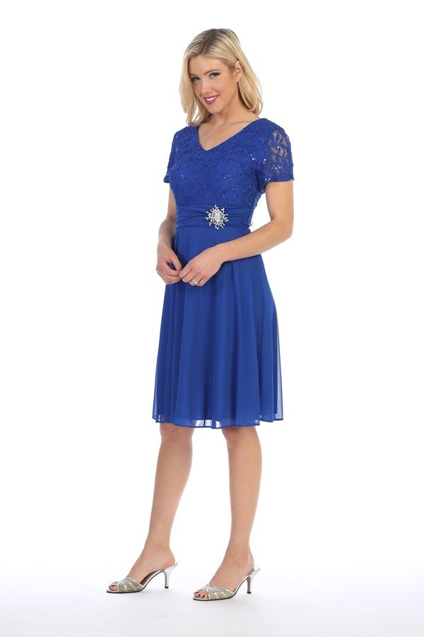 Celavie 6320-S Short-Sleeve Lace Short Knee Length Dress