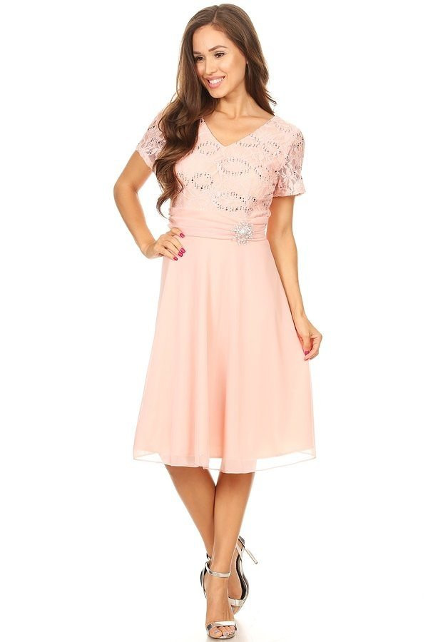 Celavie 6320-S Short-Sleeve Lace Short Knee Length Dress