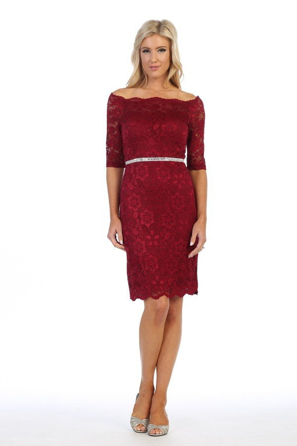 Celavie 6390-S Beaded Full Lace Off Shoulder Short Dress