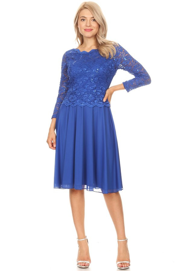 Celavie 6426 Scalloped Neck Sheer 3/4 Sleeves Short Dress