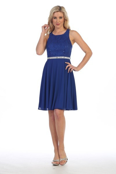 Celavie 6253-S Sequin Lace Bodice Short Sleeveless Dress