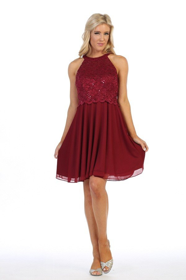Celavie 6398 Embroidered Lace Bodice Short Halter Dress