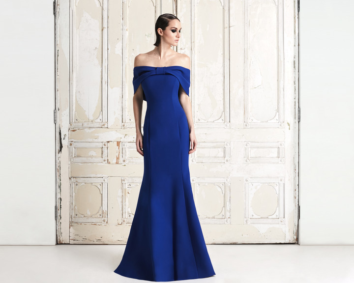 Alexander by Daymor 767 Ribbon Paneled Off Shoulder Gown