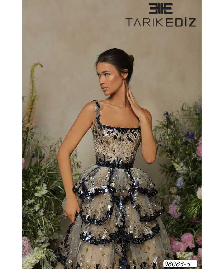 Tarik Ediz 98083 Sleeveless Square Tiered Floor-length Gown