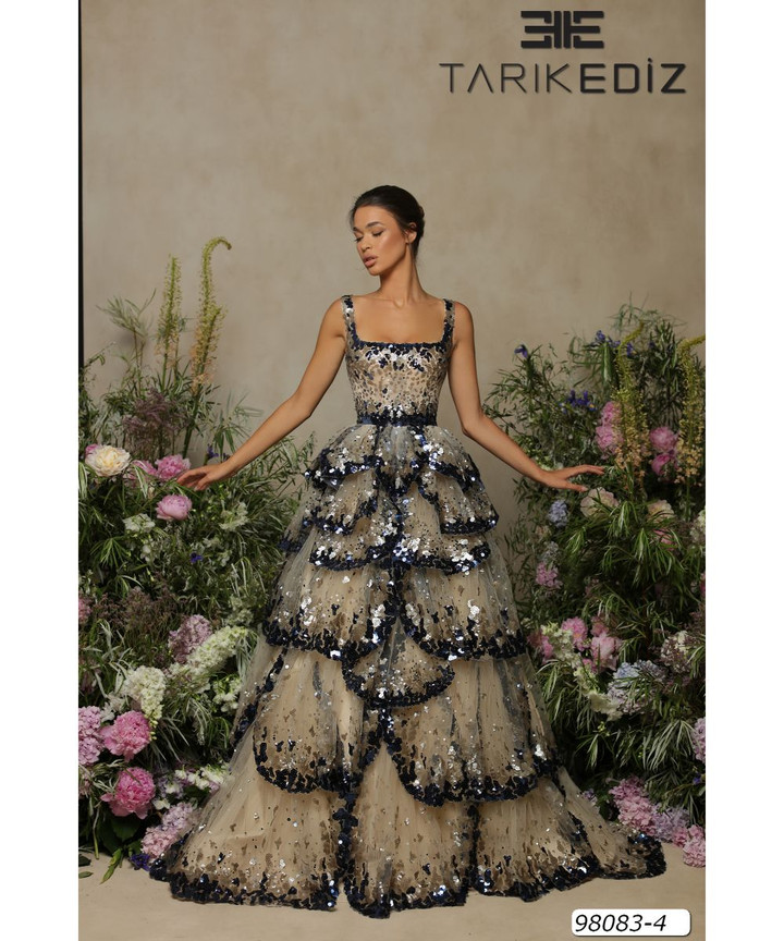 Tarik Ediz 98083 Sleeveless Square Tiered Floor-length Gown