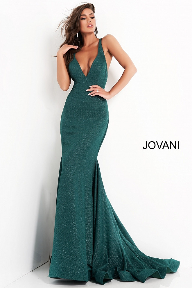 JVN by Jovani JVN00698 Stretch Glitter V-Neck Long Gown