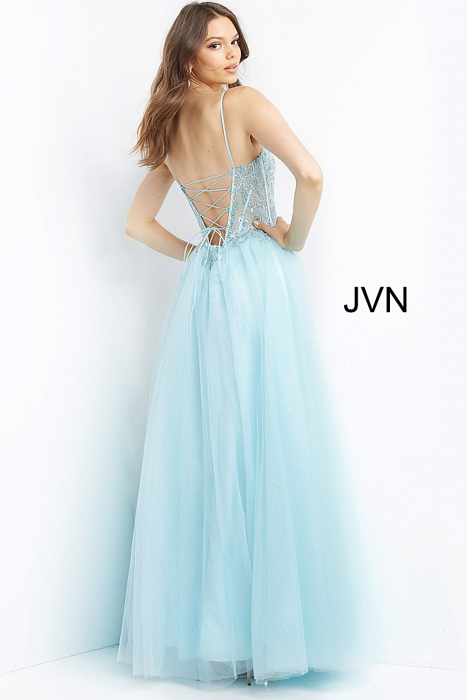 JVN by Jovani JVN07394 Sweetheart Lace Appliqued Corset Gown