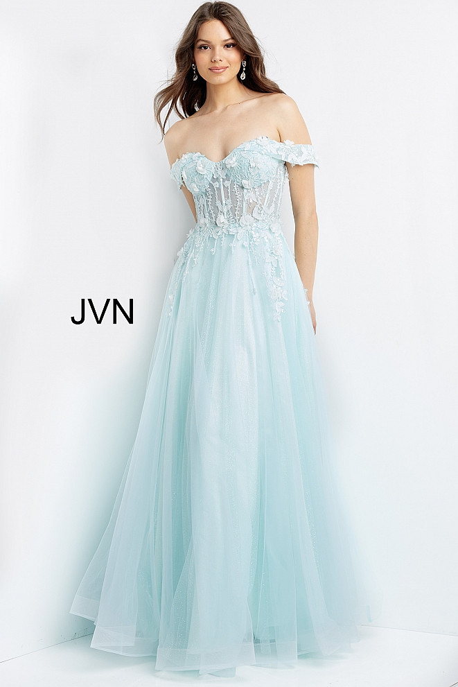 JVN by Jovani JVN08295 Off Shoulder Embroidered Gown