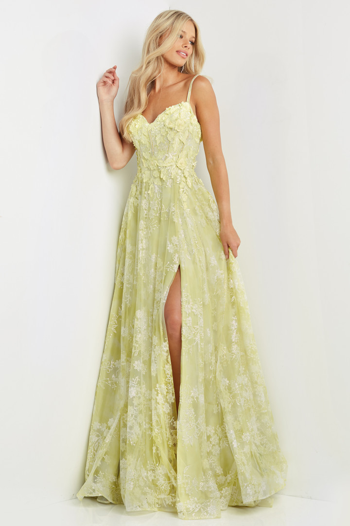 JVN by Jovani JVN08416 Sleeveless Leaf Motif Long Gown