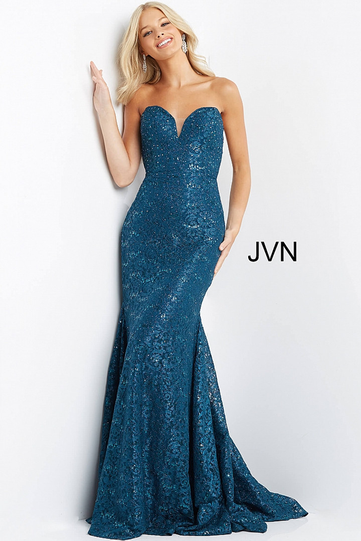 Jovani JVN08511 Strapless Sweetheart Lace Sequin Long Dress