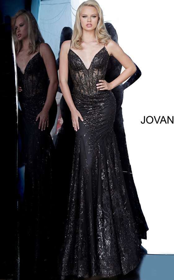 Jovani 3675 Sequined Illusion Corset Plunging V-Neck Gown