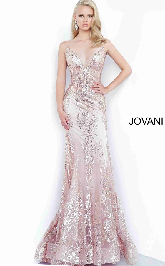 Jovani 3675 Sequined Illusion Corset Plunging V-Neck Gown