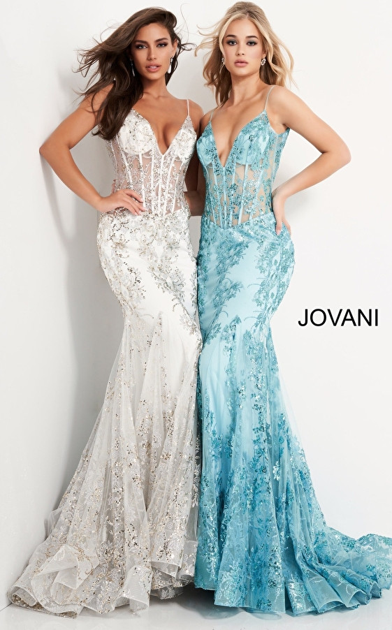 Jovani 3675 Sequined Illusion Corset Plunging V-Neck Gown