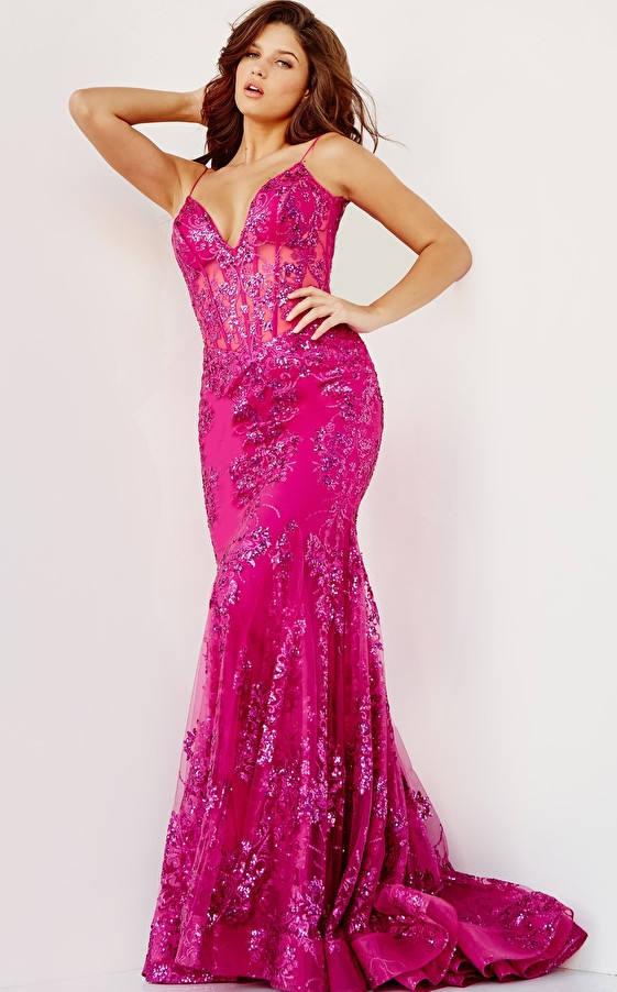 Jovani 3675 Sequined Illusion Corset Plunging V-Neck Gown