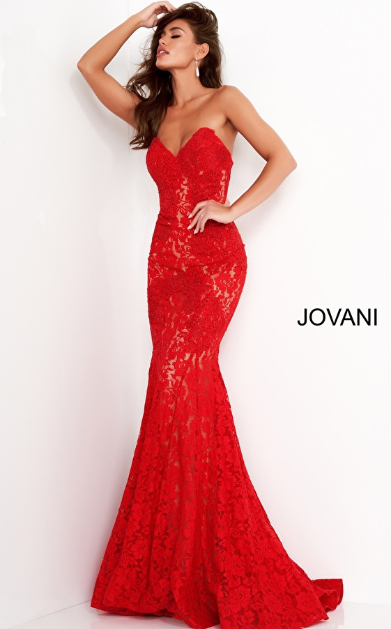 Jovani 37334 Crystal Embellished Strapless Lace Long Dress