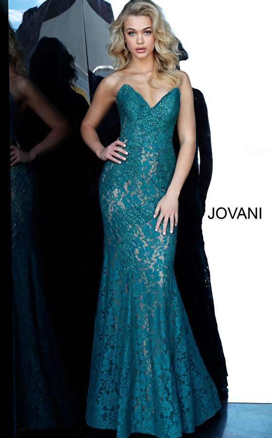 Jovani 37334 Crystal Embellished Strapless Lace Long Dress
