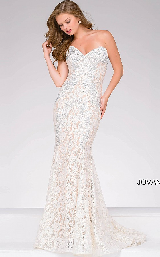 Jovani 37334 Crystal Embellished Strapless Lace Long Dress