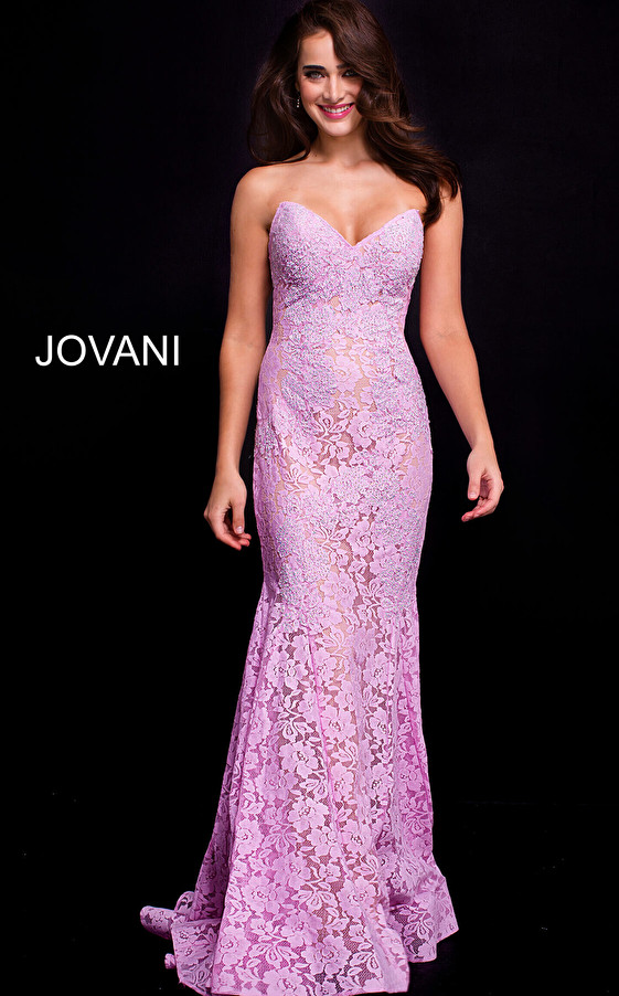 Jovani 37334 Crystal Embellished Strapless Lace Long Dress