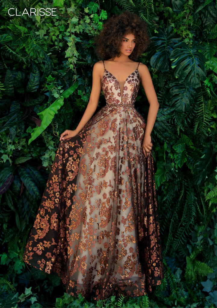 Clarisse 810250 V-neck Aline Glitter Sequins Print Dress