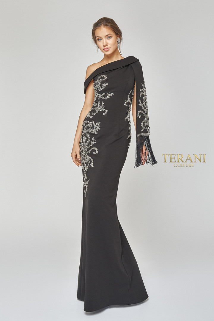 Terani Couture 1921E0169 Asymmetrical Off Shoulder Gown