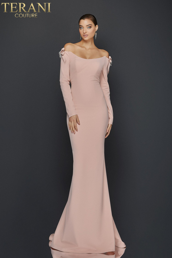 Terani Couture 1921E0117 Off Shoulder High Scoop Neck Gown