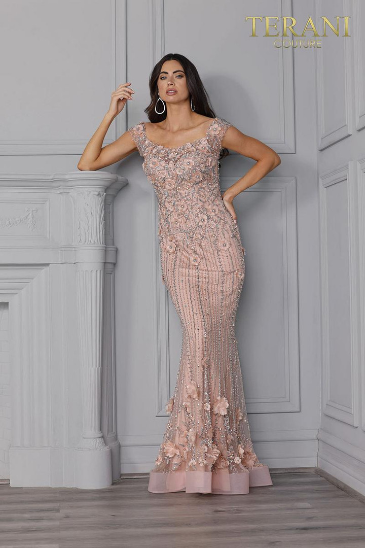 Terani Couture 2021GL3161 Illusion Neck Cap Sleeves Gown