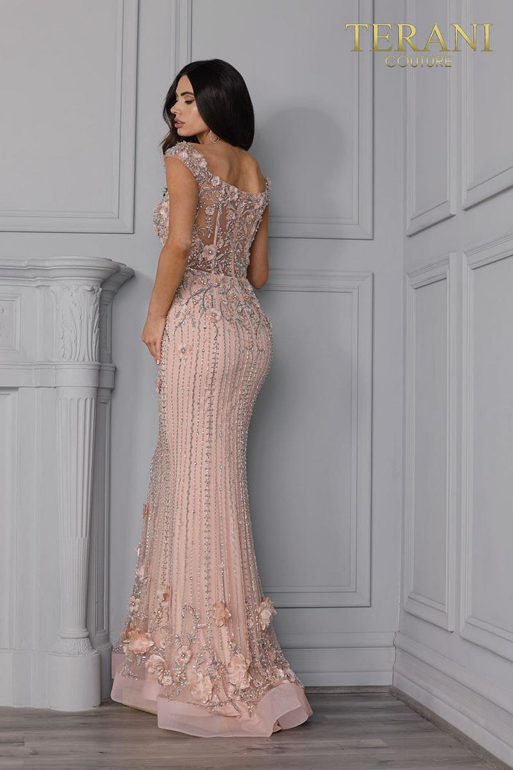 Terani Couture 2021GL3161 Illusion Neck Cap Sleeves Gown