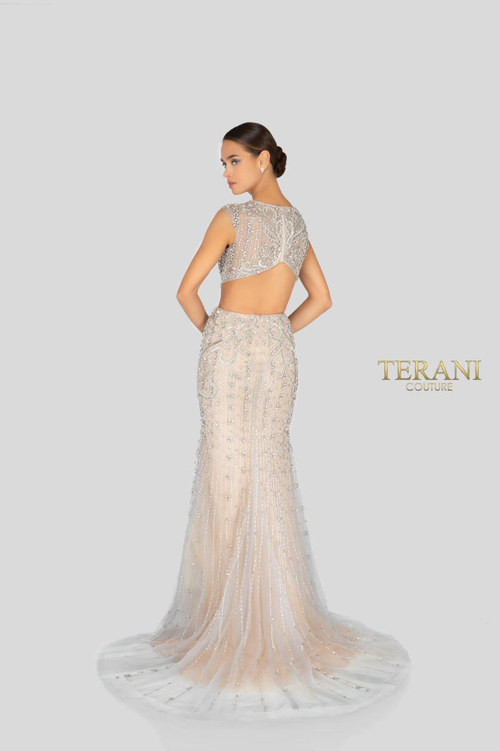 Terani Couture 1911GL9500 Beading Deep V-illusion Neck Gown