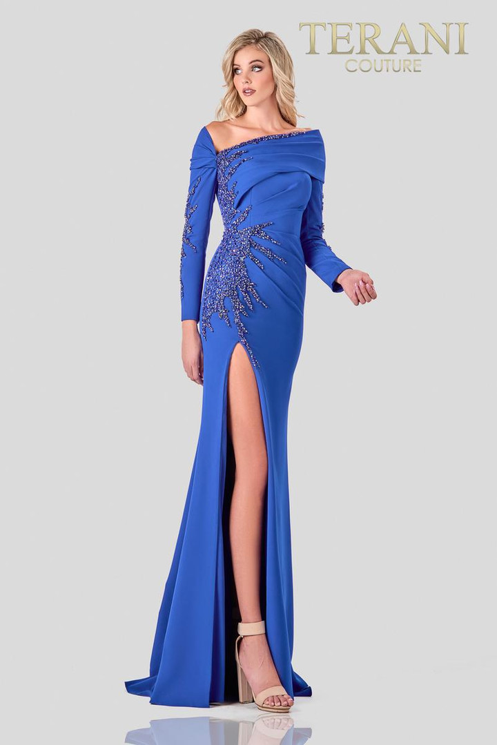Terani Couture 2111M5263 Long Sleeves Asymmetric Neck Dress