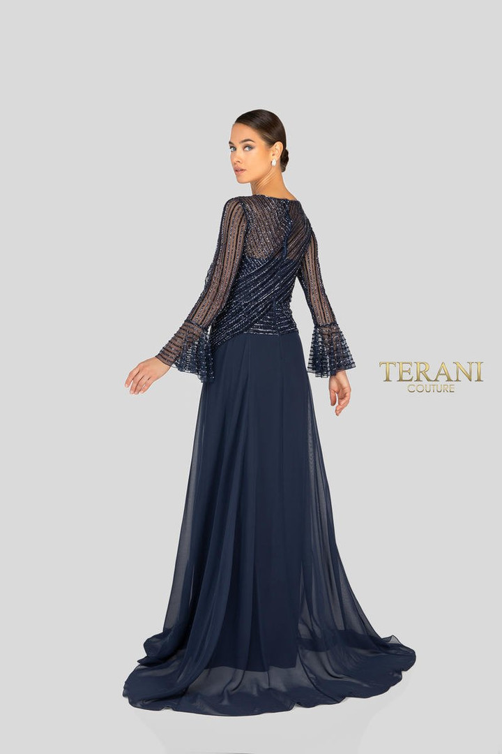 Terani Couture 1913M9403 Bell Cuff Long Sleeves V Neck Gown