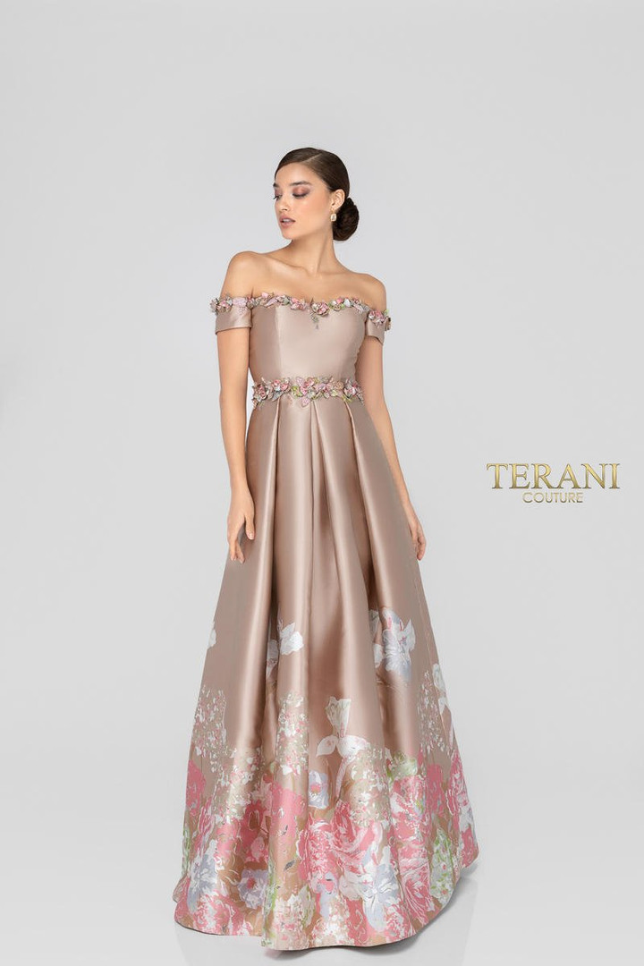 Terani Couture 1911M9661 Off-Shoulder Floral Appliques Gown