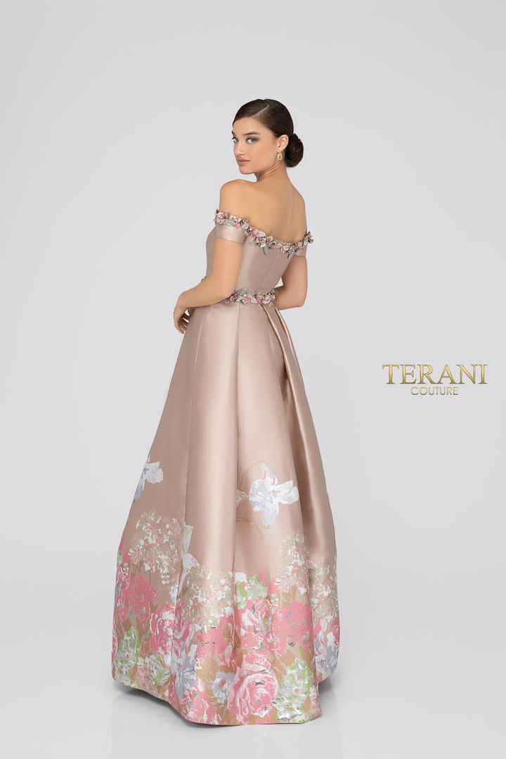 Terani Couture 1911M9661 Off-Shoulder Floral Appliques Gown