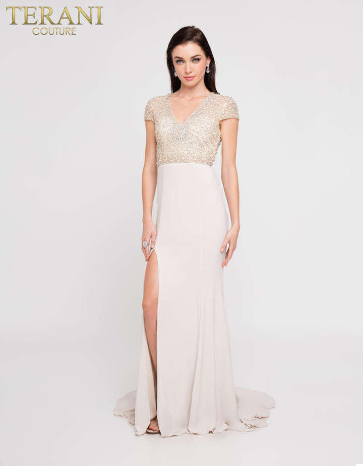 Terani Couture 1812M6655 Cap Sleeves V-Neck Crystals Gown