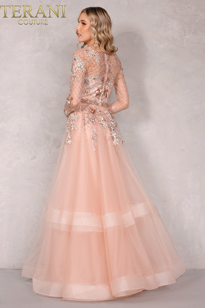 Terani Couture 1722M4354 Long Sleeve V-Neck Beaded Gown