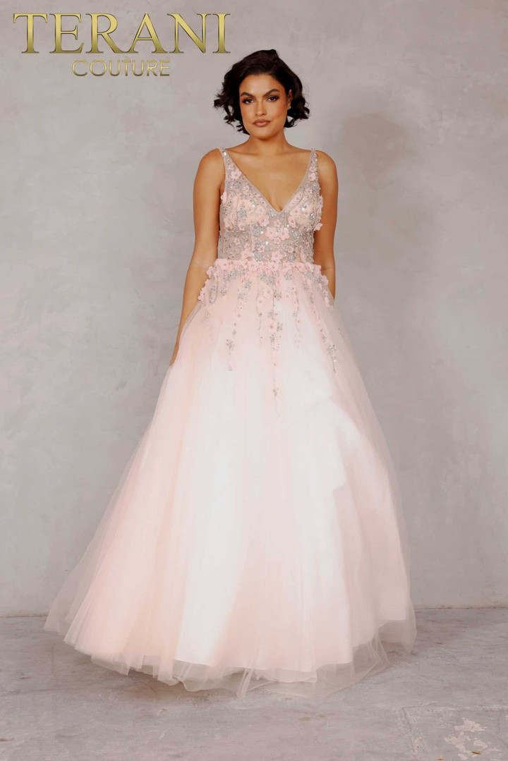 Terani Couture 2215P0033 Deep V-Neck Tulle Sleeveless Dress