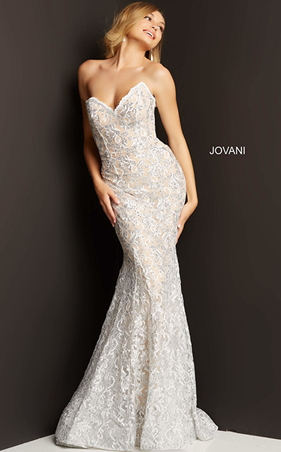 Jovani 08215 Strapless Embellished Lace Corset Prom Dress