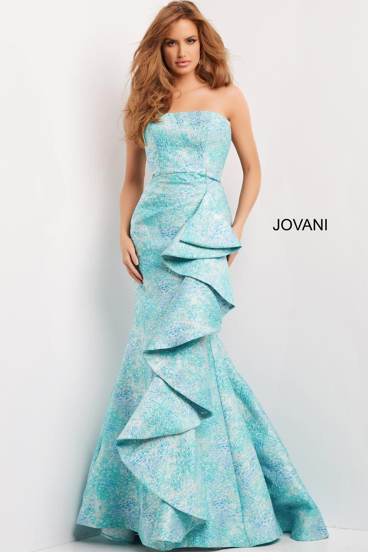 Jovani 08093 Strapless Straight Neck Ruffle Skirt Wrap Gown