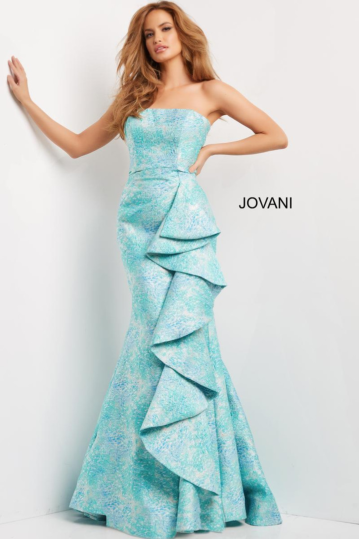 Jovani 08093 Strapless Straight Neck Ruffle Skirt Wrap Gown