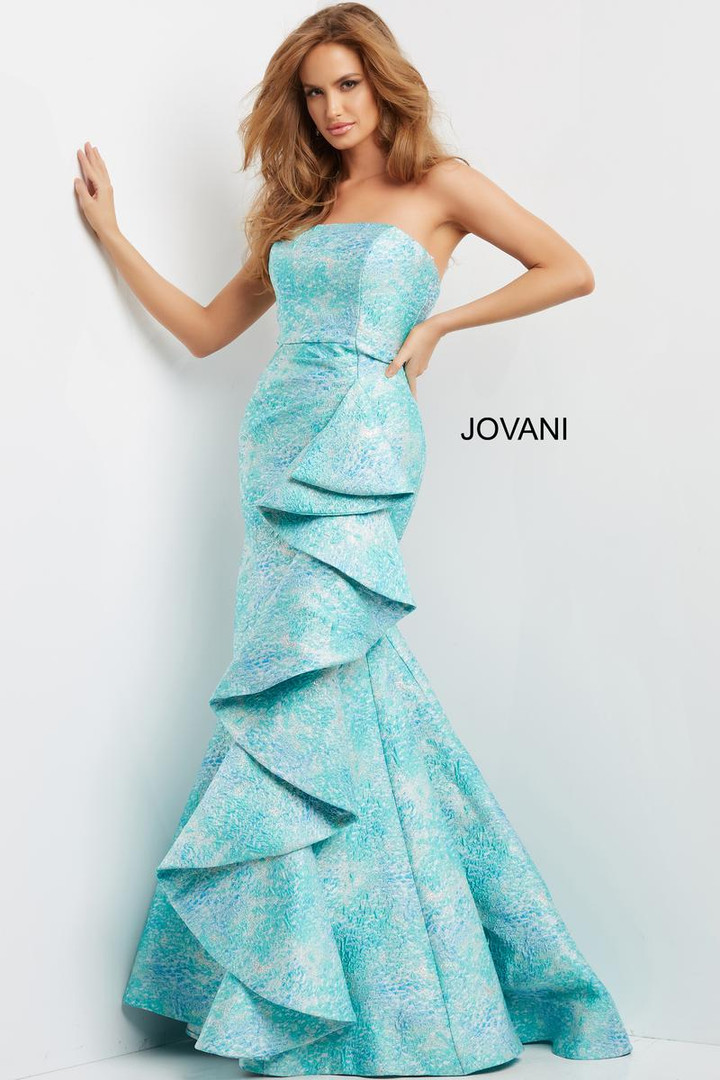 Jovani 08093 Strapless Straight Neck Ruffle Skirt Wrap Gown