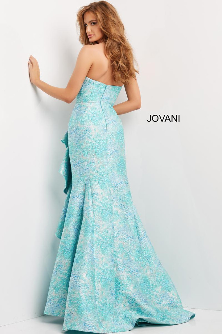 Jovani 08093 Strapless Straight Neck Ruffle Skirt Wrap Gown