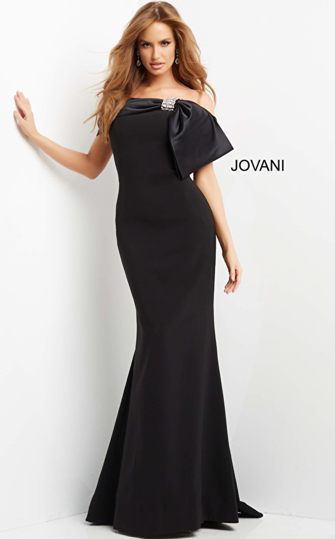 Jovani 07014 Off the Shoulder Satin Bow Long Evening Gown Jovani 07014 Off the Shoulder Satin Bow Long Evening Gown