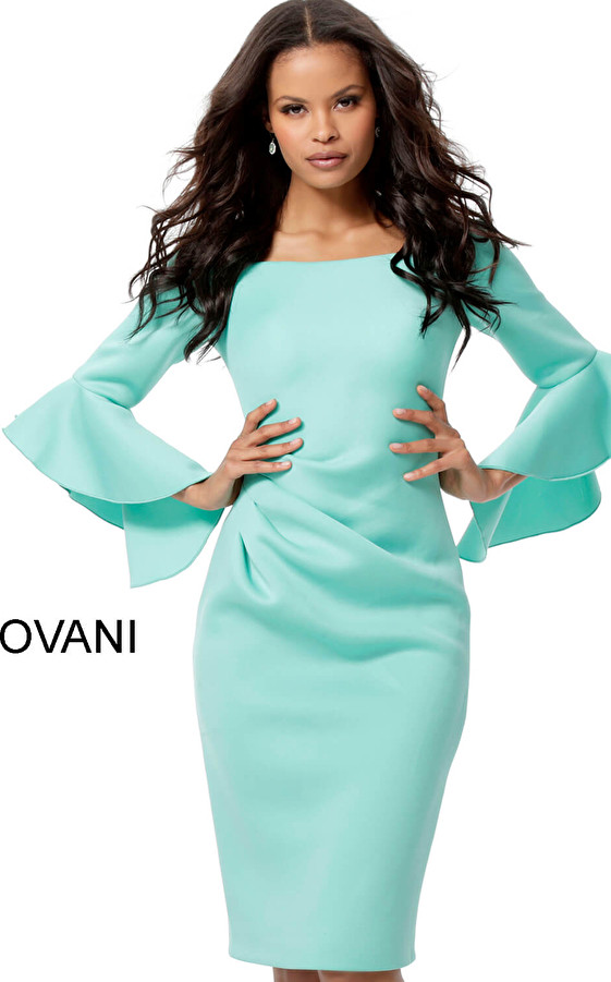Jovani 59992 Off Shoulder Bell Sleeve Knee Length Dress