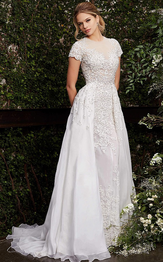 Jovani S50581 Sheer Neck Short Sleeve Beaded Wedding Gown