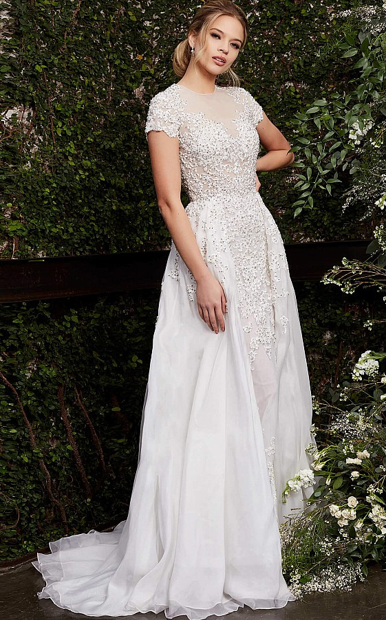 Jovani S50581 Sheer Neck Short Sleeve Beaded Wedding Gown