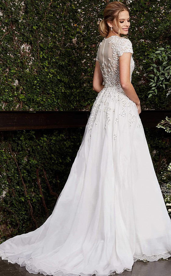 Jovani S50581 Sheer Neck Short Sleeve Beaded Wedding Gown