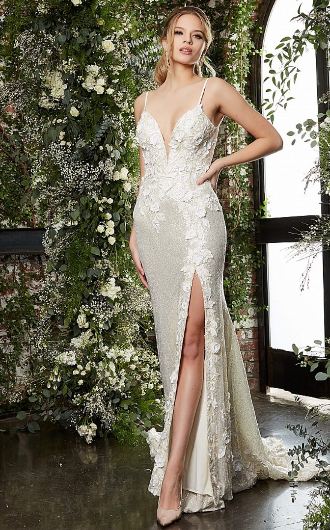 Jovani JB03592 Plunging Neck Spaghetti Strap Bridal Dress