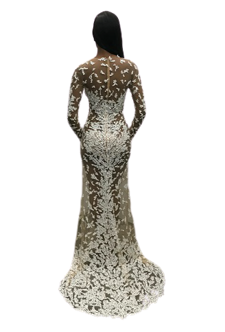 Jovani S59005 Plunging Neck Long Sleeve Sheer Couture Gown