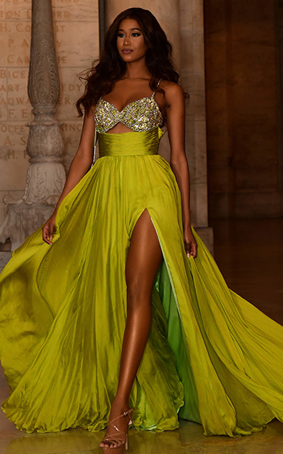 Jovani S05823 Beaded Bust Chiffon High Slit Couture Gown